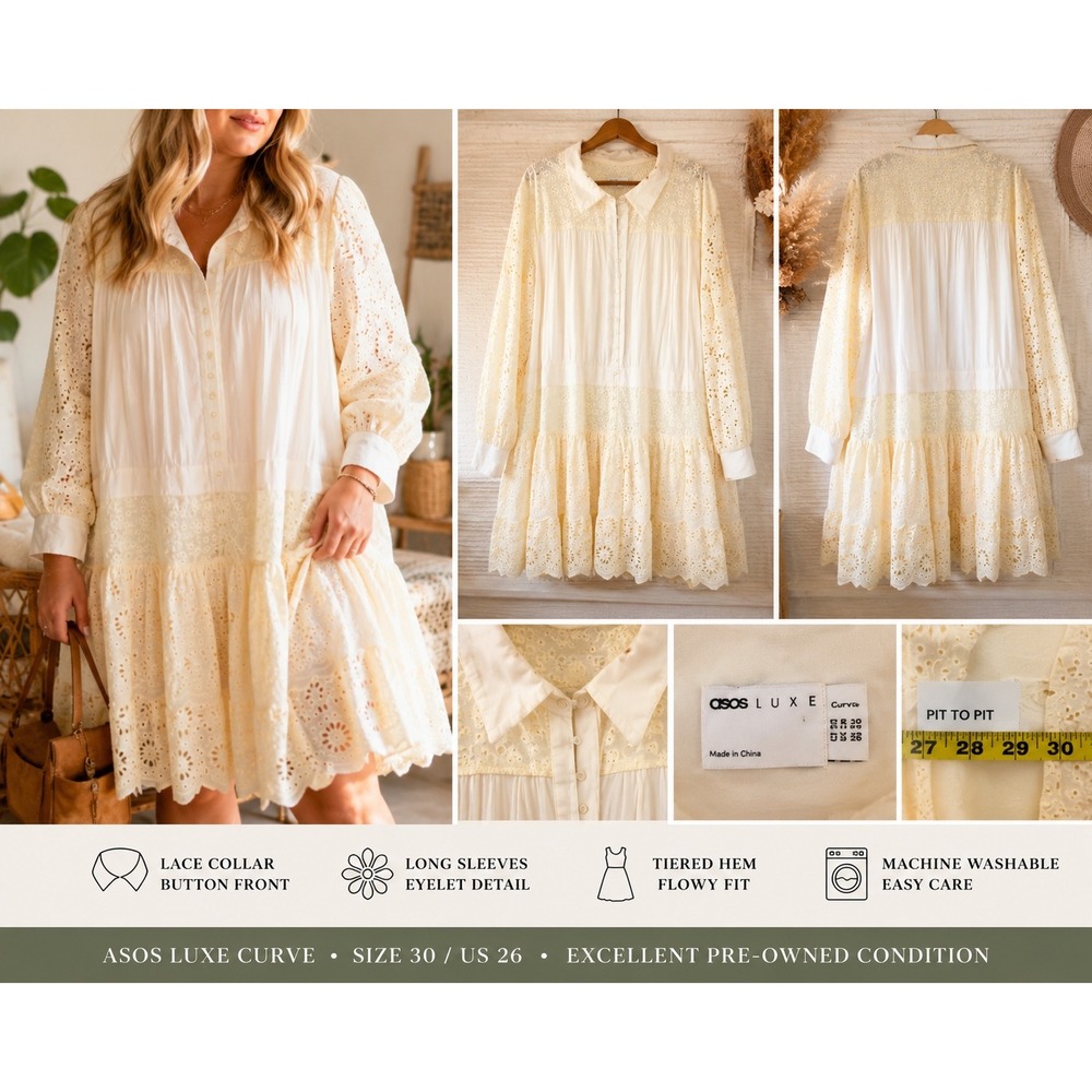 ASOS Luxe Curve Eyelet Lace Tiered Dress Ivory Cottagecore Romantic Plus Sz 26W